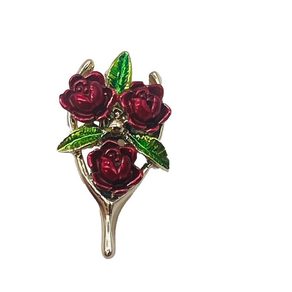 Gerry's Vintage Signed Red Rose Brooch Enamel Flower Pin Gold Tone Bouquet - Picture 2 of 8